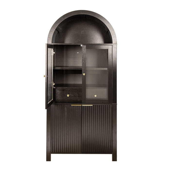 Fluted Tall Arched Pantry Cabinet With Adjustable Shelves, Glass Door & Hidden Drawer For Kitchen