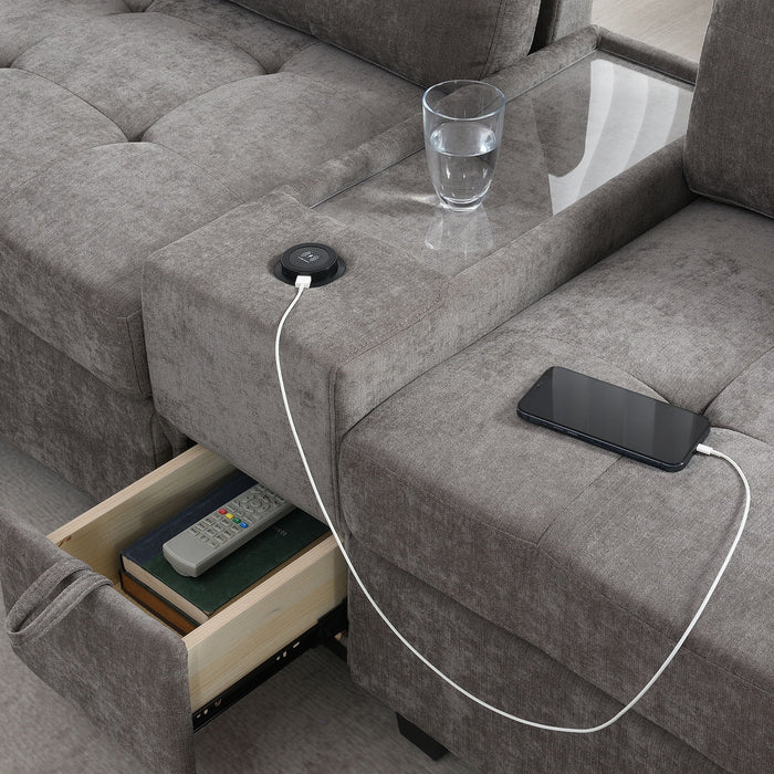 Sectional With Acrylic Table Top U Shaped Couch Set With 2 Consoles USB Charger, Storage Drawers And Pockets Movable Ottoman Tufted Sofa