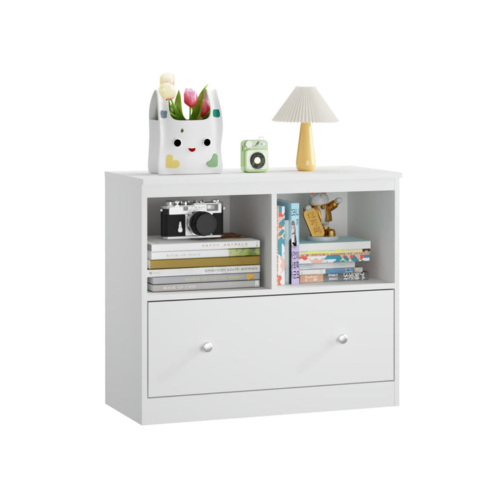 Toy Storage Organizer With Large Drawer And Low Bookshelf For Nursery & Playroom - White