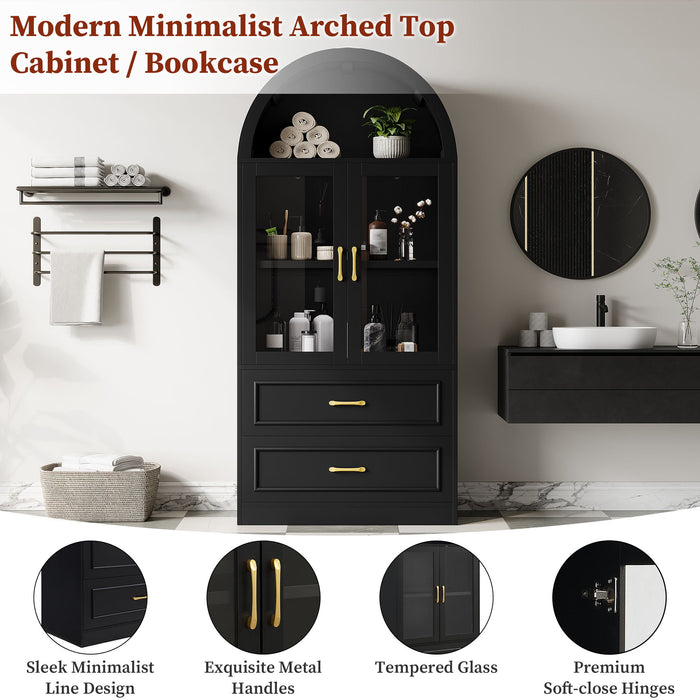 Arched Top Storage Cabinet With Fixed 2 Tier Shelves, 2 Large Drawers