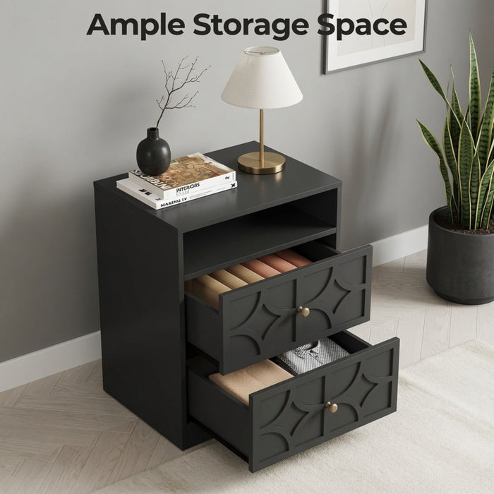 Nightstand With Diamond Carvings Handles, 2 Drawers & Charging Station