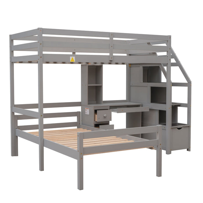 Loft Bed With Stand Alone Bed, Storage Staircase, Desk, Shelves, And Drawers