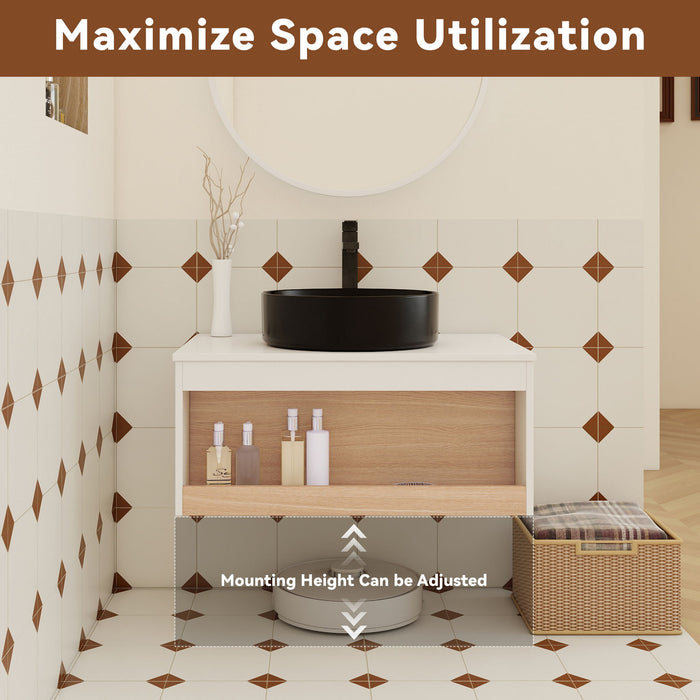 Floating Bathroom Vanity With Glossy Round Vessel Sink