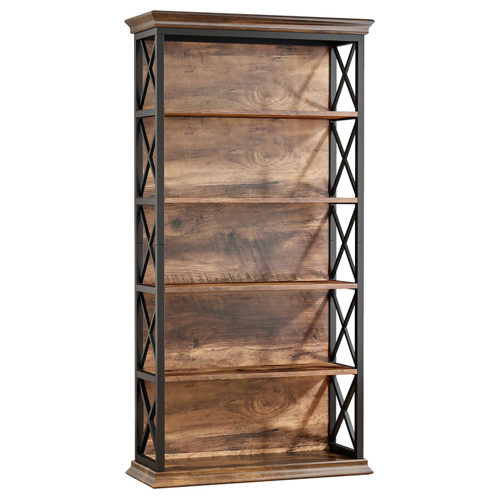 6 Tier Industrial Brown & Bookshelf With X Pattern Design - Rustic Brown