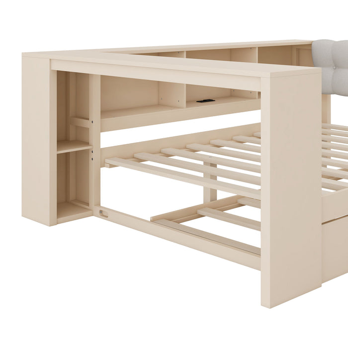 Upholstered Headboard Platform Bed With Storage Shelves, Trundle, Charging Station