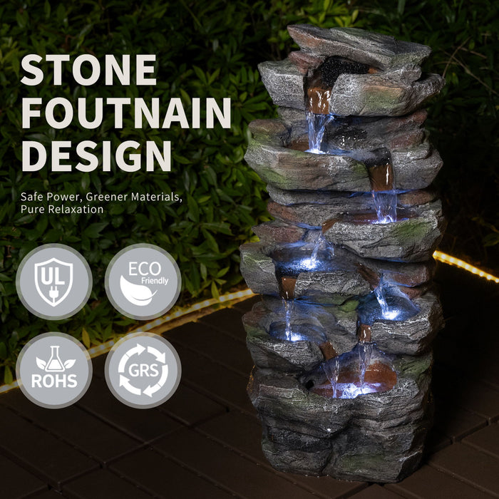 Rock Waterfall Outdoor Fountain With LED Lights - Gray