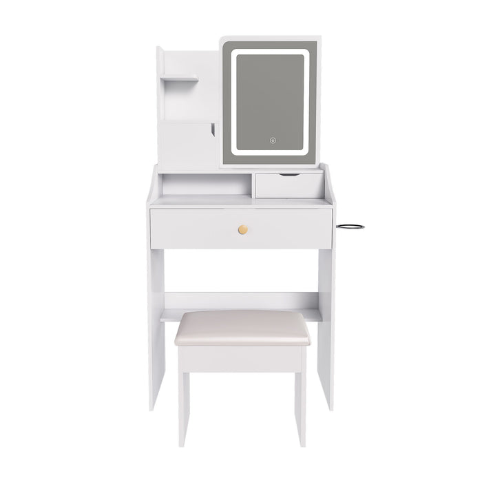 3 Color LED Vanity Mirror With Stool, Dressing Table For Bedroom, 2 Drawers & 5 Storage Cabinets (4 Open + 1 Hidden), Adjustable Lighting - White