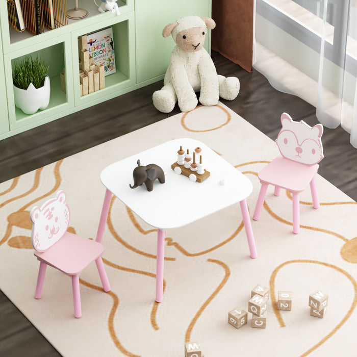 Table And Chair Set, 3 Piece Wooden Toddler Desk With Animal Backrest - Pink / White