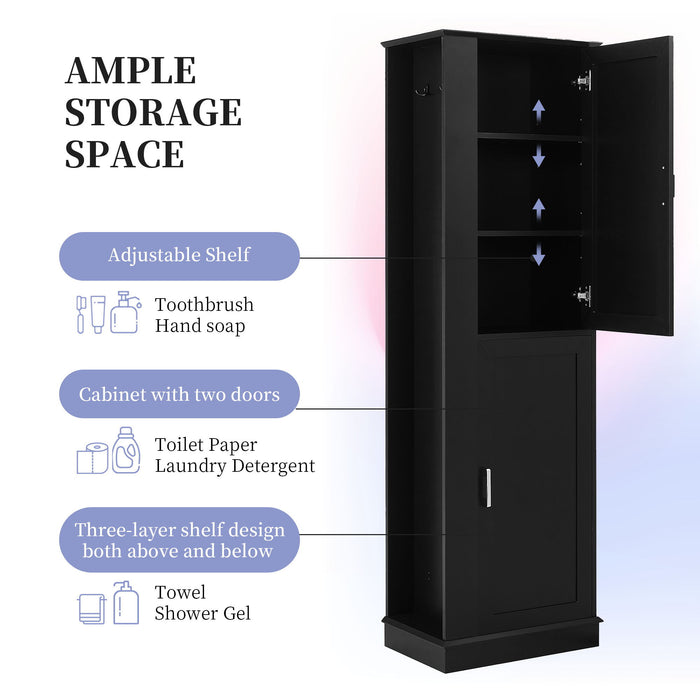 Tall Freestanding Bathroom Storage Cabinet With Adjustable Shelves And Side Hooks