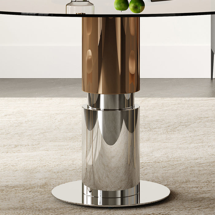 Round Glass Dining Table With Stainless Steel Legs And Chairs