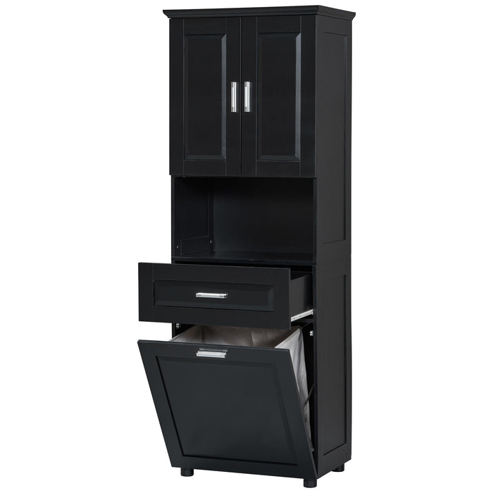 Tall Bathroom Cabinet With Tilt-Out Laundry Basket And Upper Storage