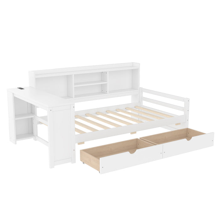 Corner Daybed With Storage Drawers, Desk, Charging Port & Bookcase