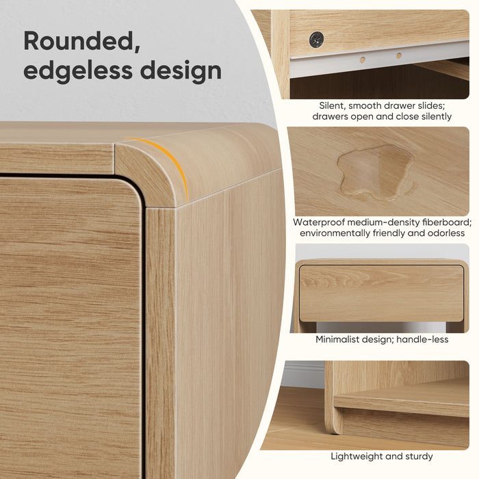 Bedside Table Set With Storage Drawers And Open Shelves, Compact With Rounded Corners (Set of 2) - Oak