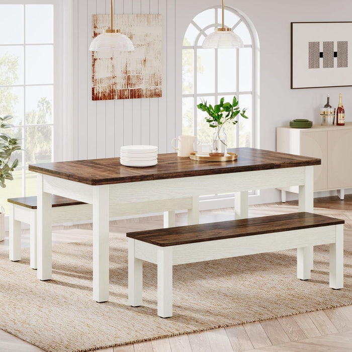 Dining Table Set For 4 - 6 With Tuck Under Benches - Brown / White