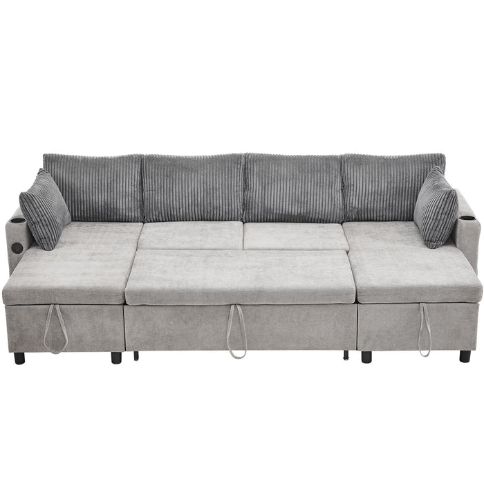 Sectional Sofa Bed With Pull Out Sleeper, USB Ports, Cup Holders