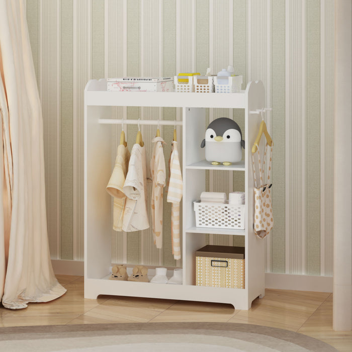 Dress Up Storage With Mirror And Hooks, Clothes Rack With Hanging Rod, 3 Side Hooks, Open Shelves, Top Shelf Organizer - White