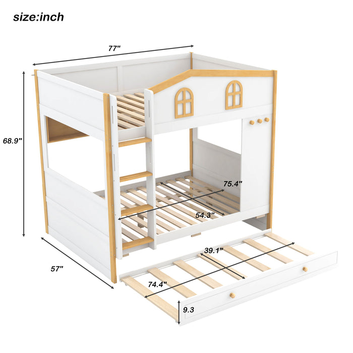 Full Over Full Bunk Bed With Storage Shelves And Trundle - White / Natural