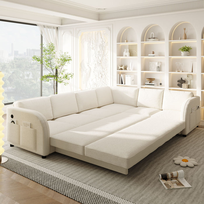 L-Shaped Couch With Pull-Out Bed, Convertible Sleeper Sofa With Side Pocket & USB Port