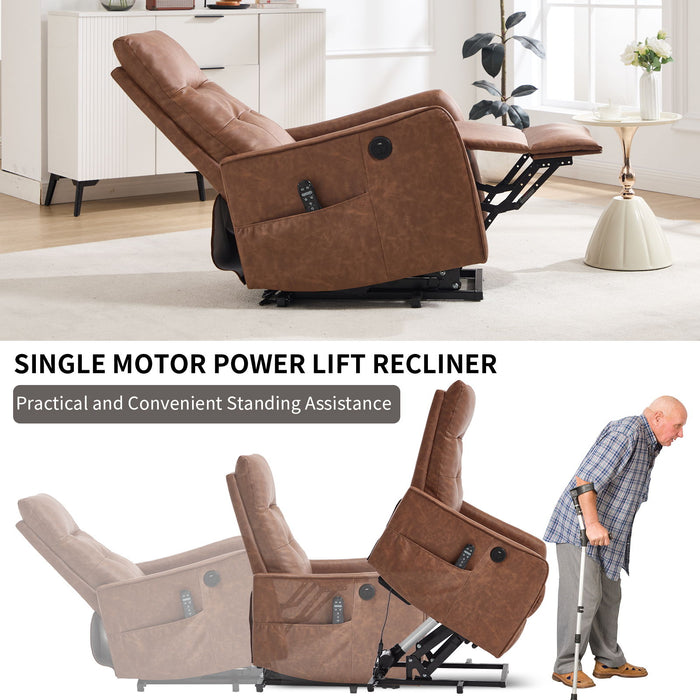 Single Motor Power Lift Recliner Chair With Massage And Heat, USB For Charging - Brown