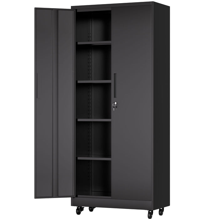 Storage Cabinet With Wheels And Lock, 4 Adjustable Shelves, 3 Point Locking Security, For Tool Organization In Garage - Black