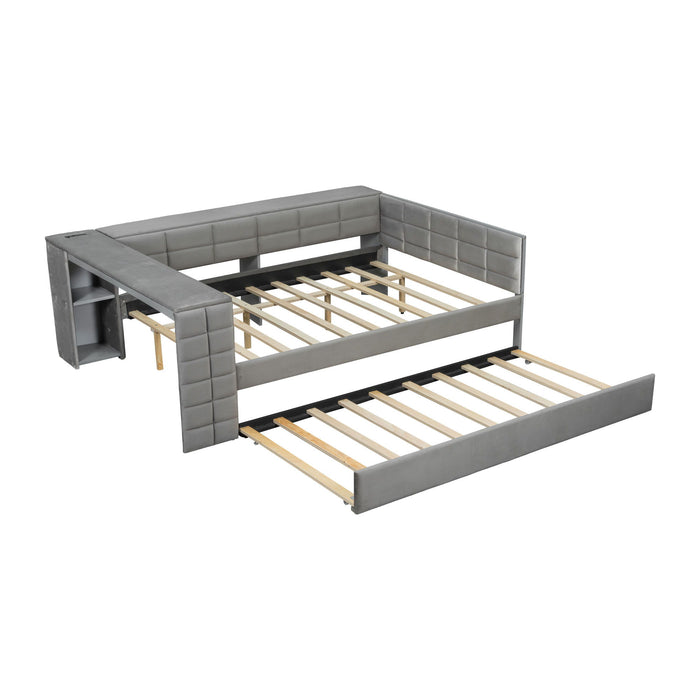 Upholstered Platform Bed With Storage Shelves, Desk, Charging Station And Trundle
