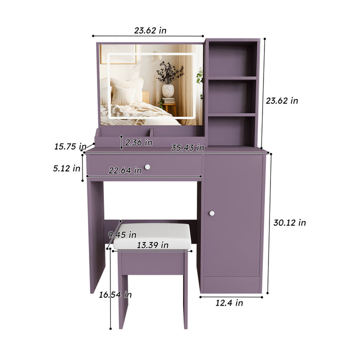 Vanity Desk Set With Padded Stool & Adjustable LED Mirror, 3 Color Mode Lighting, Compact For Bedroom - Purple