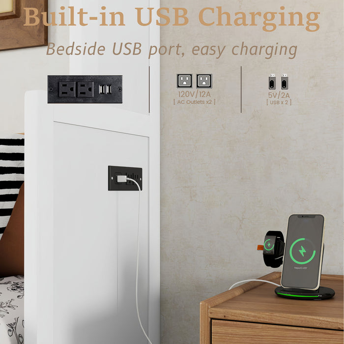 Queen Size Murphy Bed With Wardrobe, Space-Saving Hidden Wall Bed With Desk And Charging Station - White