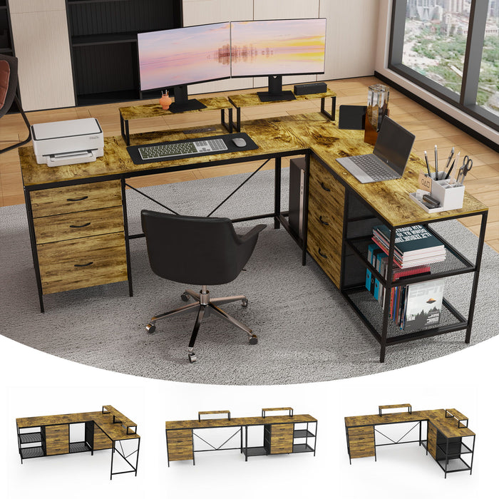 Industrial L Shaped Desk With Power Hub With 6 Drawers And Adjustable Monitor Stands - Brown
