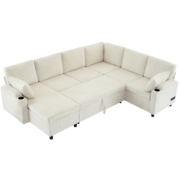 U-Shaped Sectional Sleeper Sofa With Ample Storage Space, 2 Cup Holders And Charging Ports For Living Room