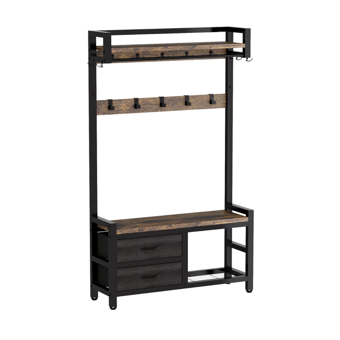 Hall Tree With 2 Movable Drawers, Shoe Storage, Shelves, Garment Racks, And 23 Hooks For Entryway - Rustic Brown