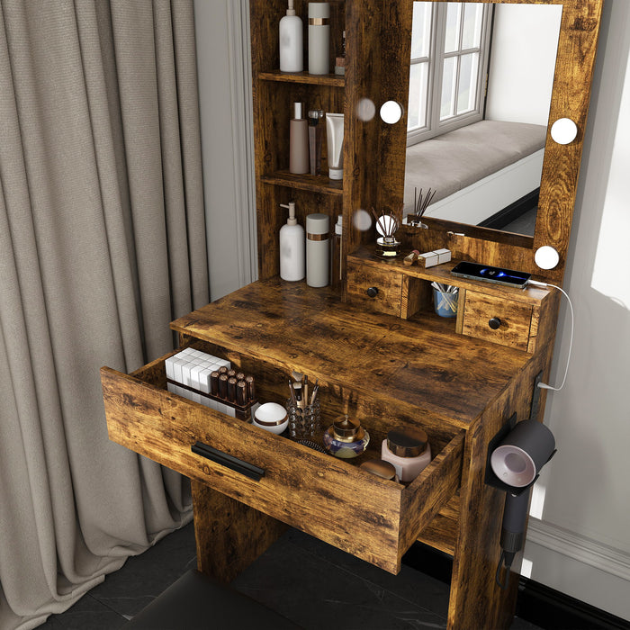 Vanity Table With Mirror, Adjustable LED Lights, Power Outlet, Hairdryer Holder & Stool