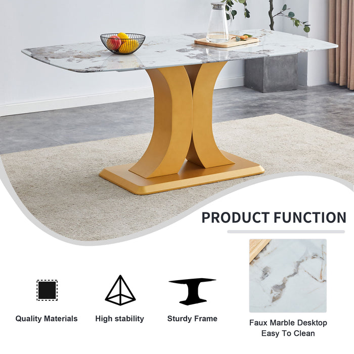 Modern Minimalist Dining Table With Imitation Marbled Glass Top And Legs For Kitchen And Living Room - Gold