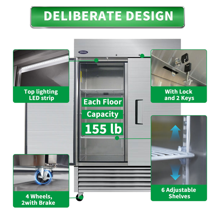 54" Commercial Freezer 49 Cu.Ft With 2 Solid Door Reach-In Freezers Stainless Steel Etl Approved Upright Freeze Storage - Silver