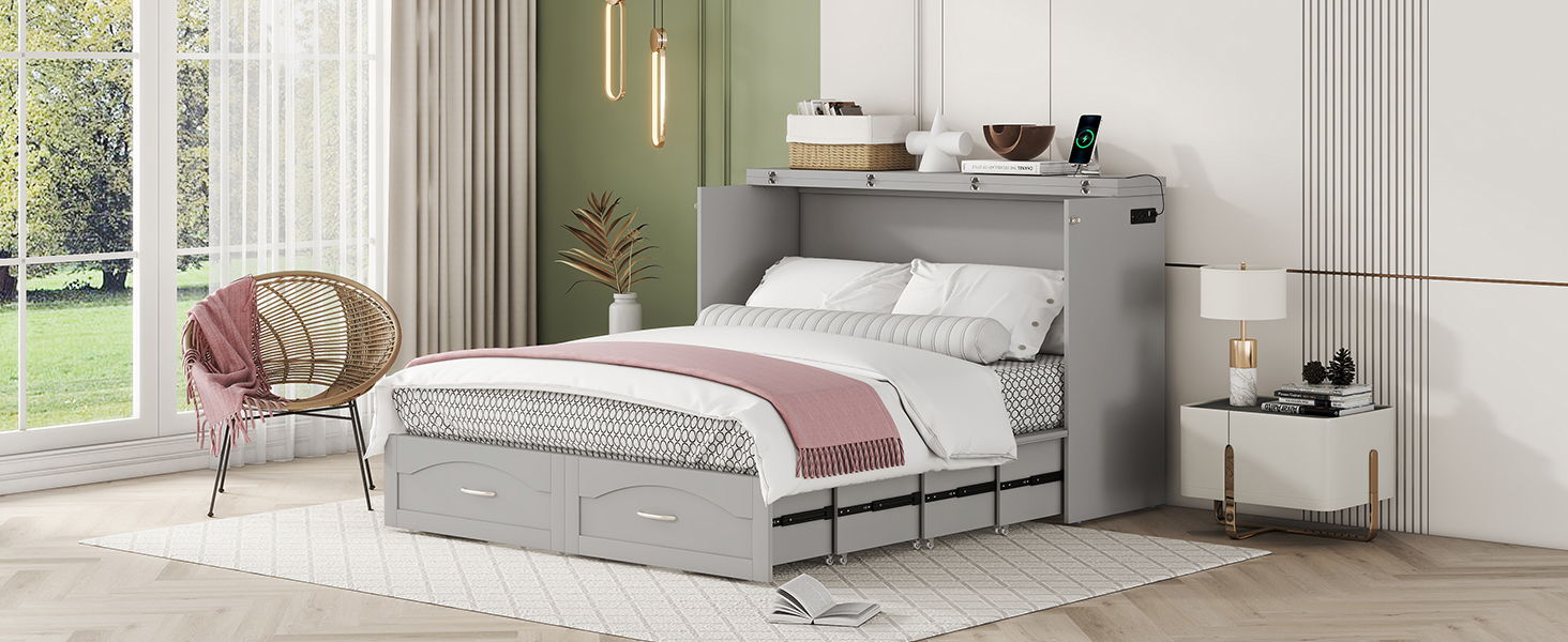Murphy Wall Bed With Drawer And A Set Of Sockets & USB Ports, Pulley Structure Design