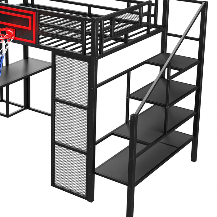 Loft Bed With Built In Desk, Open Wardrobe, Basketball Hoop, Slide And Staircase