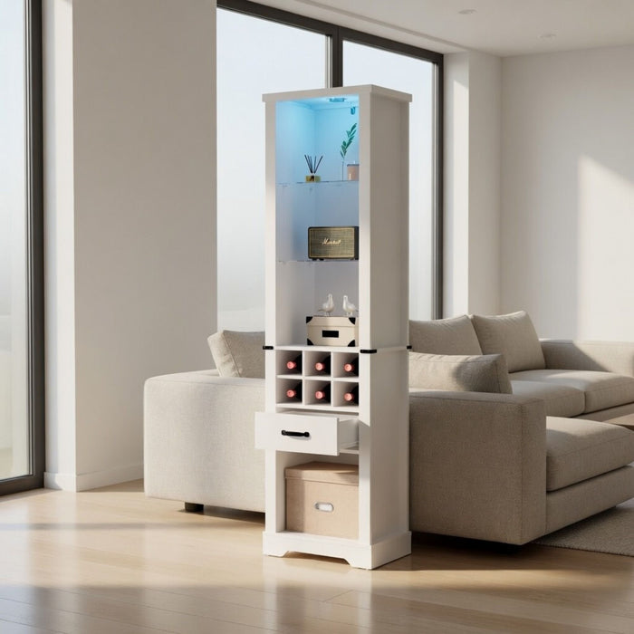 Pantry Cabinet With LED Lights, Wine Rack, Tempered Glass Shelves, And Barn Door Design - White