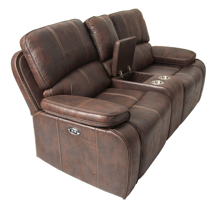 Power Reclining Loveseat With USB Port Leather Upholstered, Built In Cup Holder - Chocolate