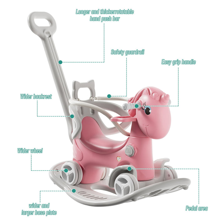 Unicorn Rocking Horse For Toddlers, Ride On Toy With Push Handle And Balance Board - Pink
