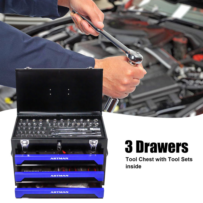 Portable 3 Drawer Steel Toolbox, 4 Layers Of Tools With Metal Latches, With Storage Tray And Carrying Handle