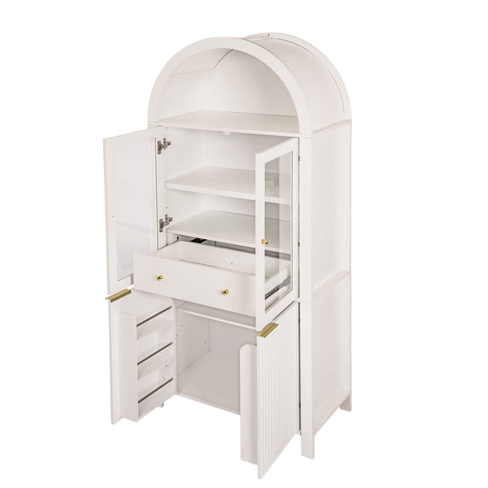 Fluted Tall Arched Pantry Cabinet With Adjustable Shelves, Glass Door & Hidden Drawer For Kitchen