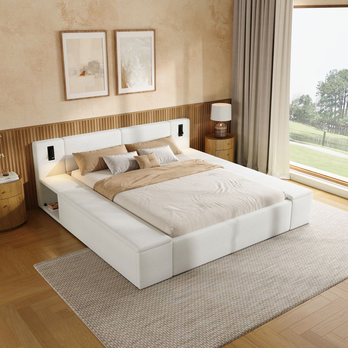 Upholstered Platform Bed Frame With Hidden Storage, Built-In Nightstands & LED Reading Lights