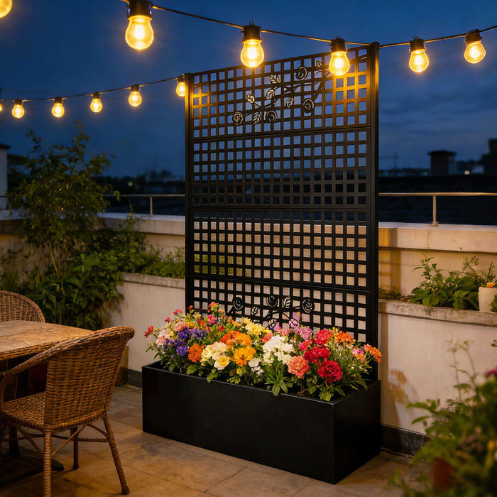 Planter Box With Trellis, Outdoor Raised Garden Bed With Privacy Screen Lattice Panels For Patio - Black