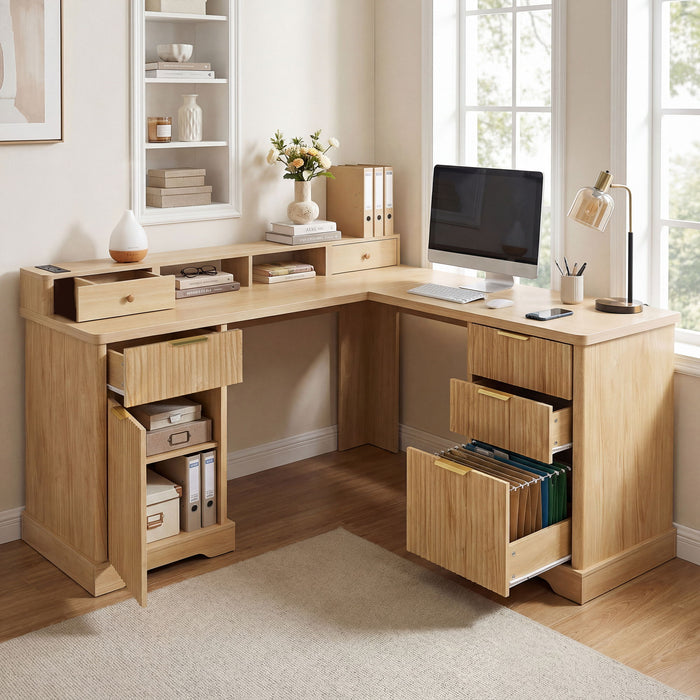 Fluted L-Shaped Desk With Charging Station & Storage Cabinet