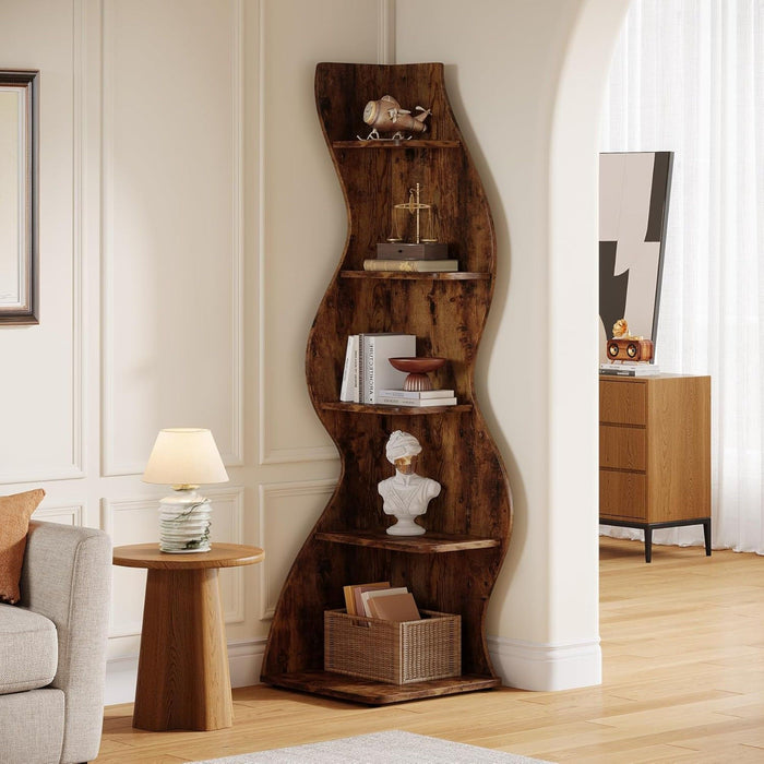 5 Tier Wavy Corner Bookshelf And Plant Stand For Living Room