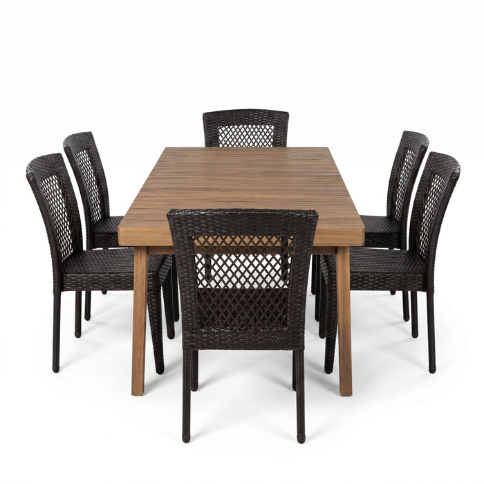 7 Piece Outdoor Patio Dining Set With Table & 6 Chairs - Brown / Brown Multi