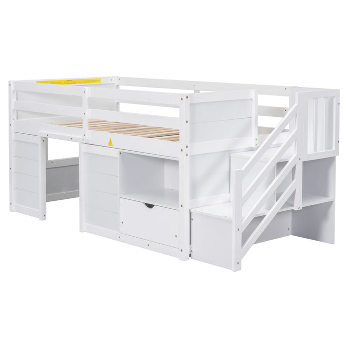 Low Loft Bed With Stair, Drawer, And Shelf