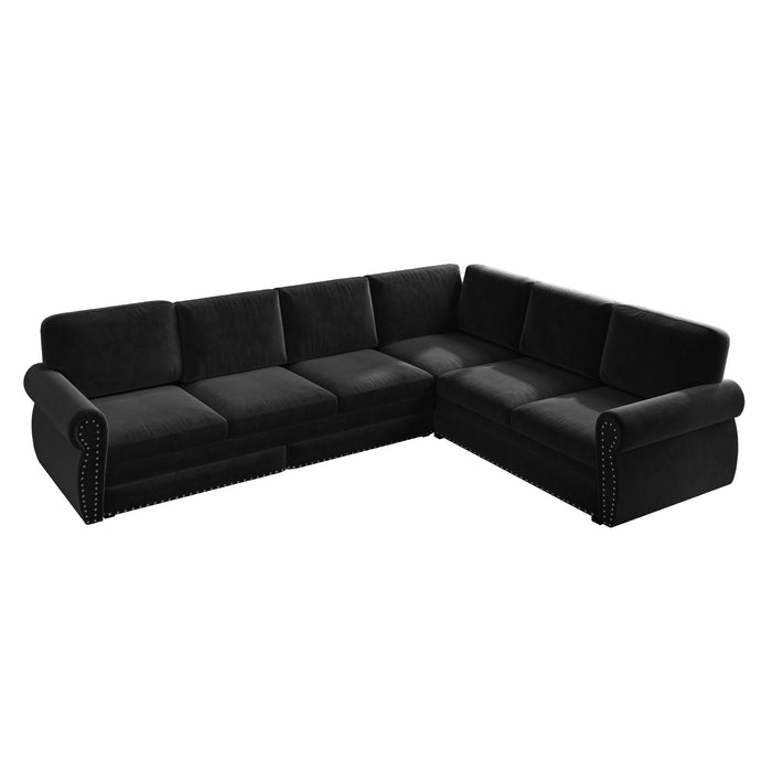 L-Shaped Sofa Couch With Pull Out Bed With Nailhead Trim & Rolled Arm