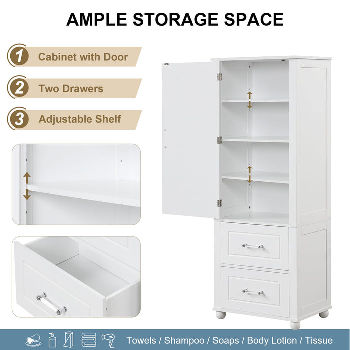 Tall Freestanding Bathroom Storage Cabinet With 2 Drawers And Adjustable Shelf