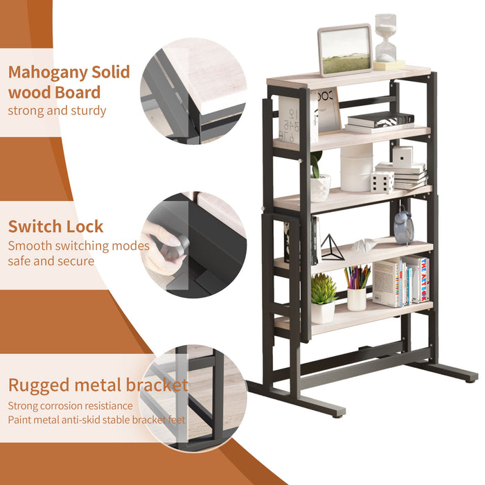 Solid Mahogany Wood Multifunction Convertible Dining Table, Free Switch Space-Saving Table, Shelf For Dining Room Or Kitchen - Beige / Black