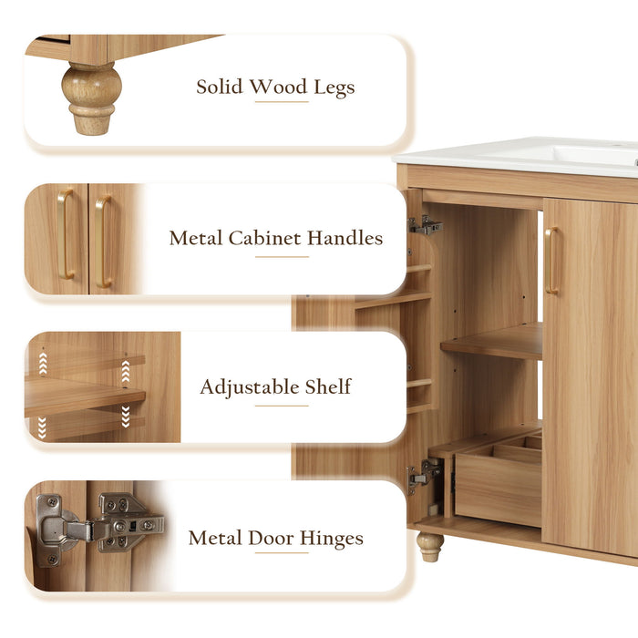 30" Bathroom Vanity With Sink, Cabinet With Doors And Drawer, Rectangular Shape - Natural